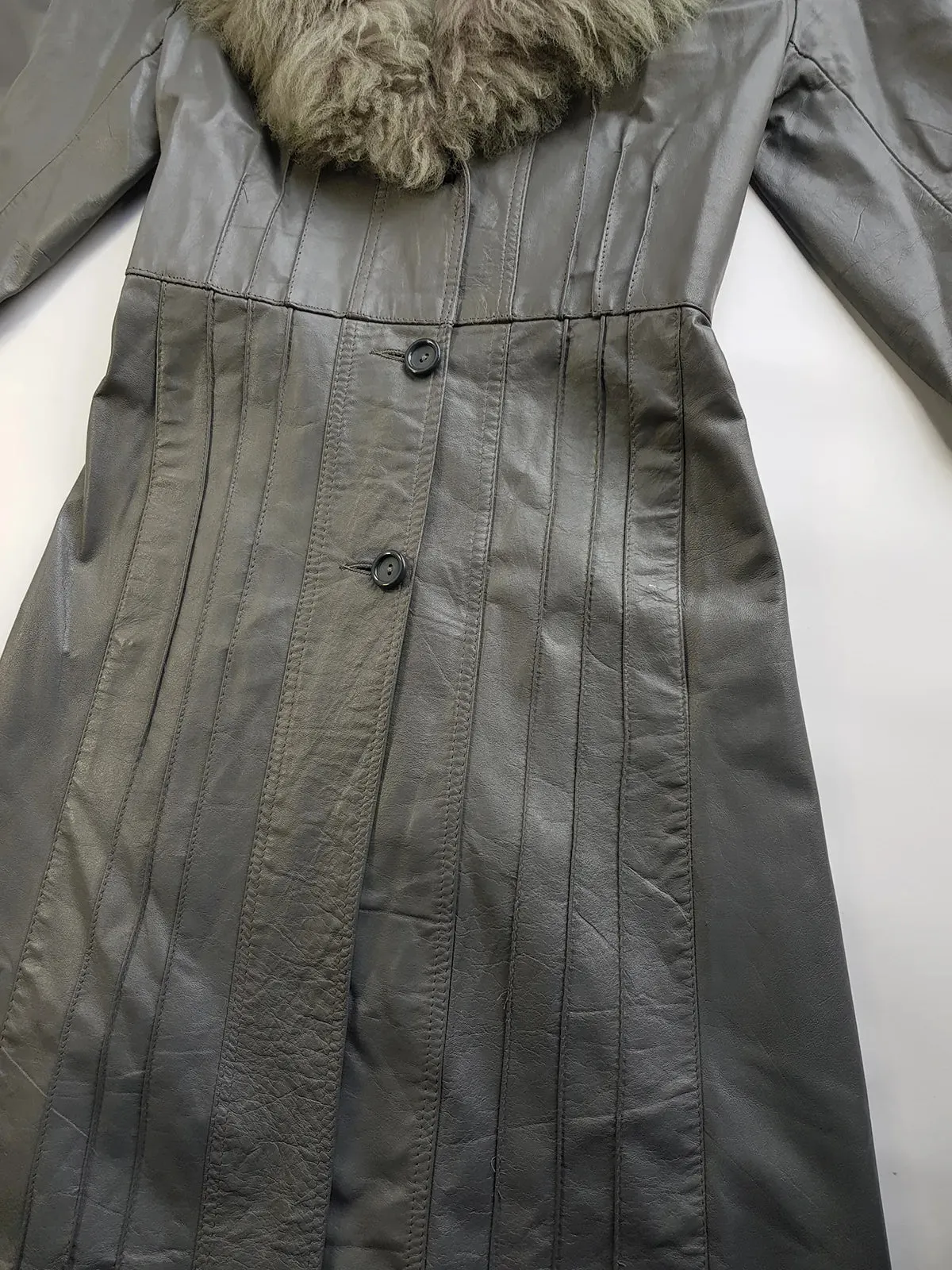 1970s Grey Spy Coat with Fur Collar - Penny Lane Almost Famous Leather Coat - Beautiful Leather Panelling & Perfect Knee Length