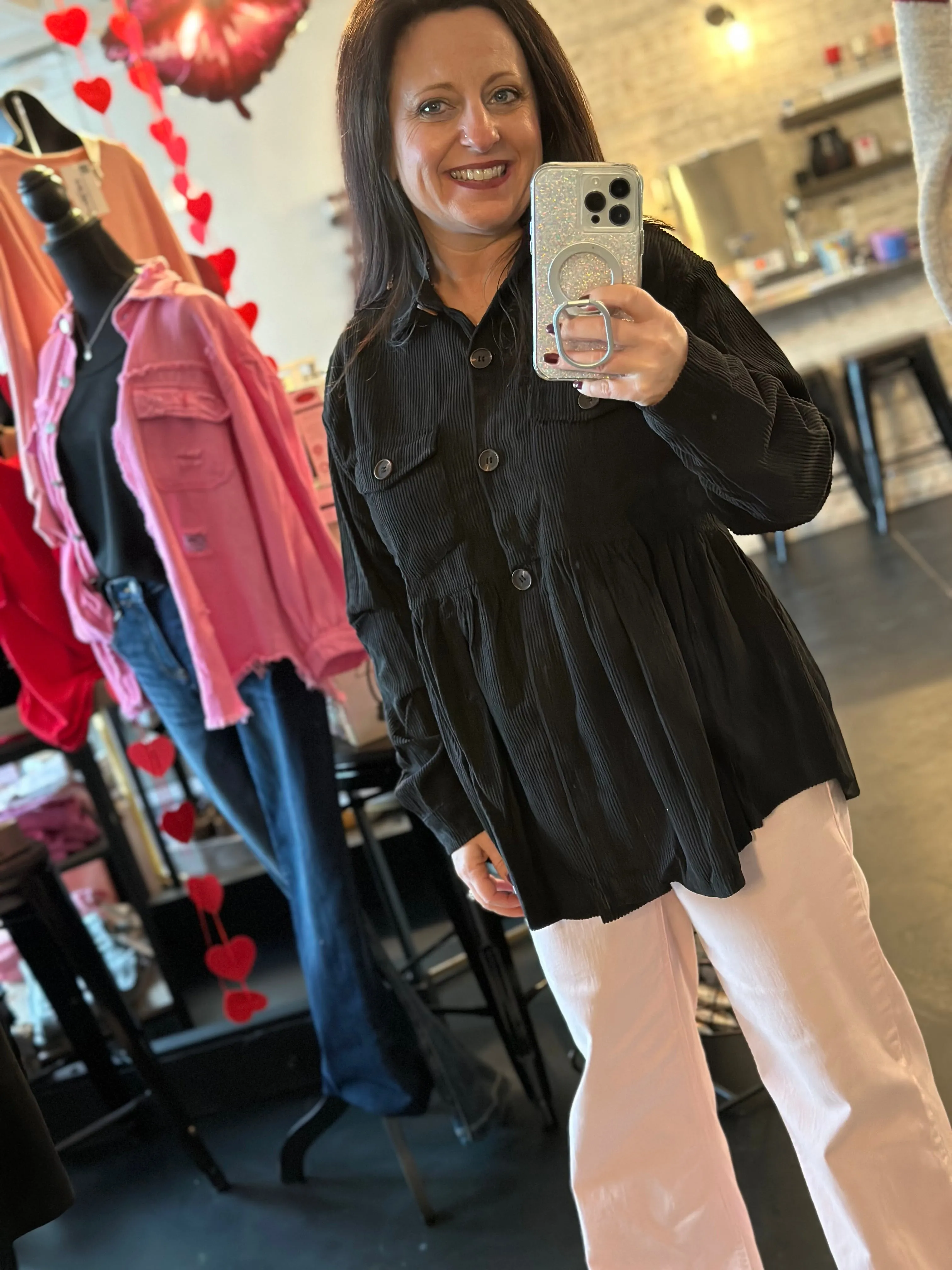 Corduroy Babydoll Button Down Top