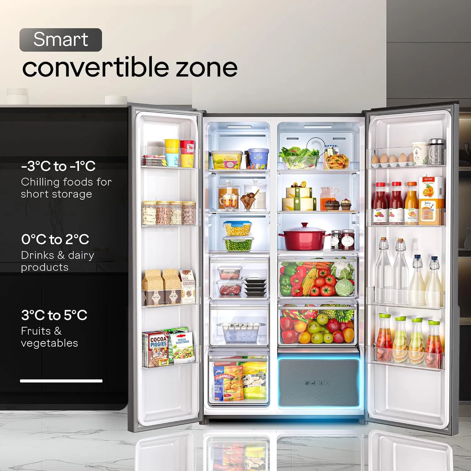 Godrej RS EONVELVET 646C 600L 3 Star Inverter Side-by-Side Refrigerator | Smart Convertible Zones | Toughened Glass Door | AI Freshness | Frost Free | Opera Black (2025 Model)
