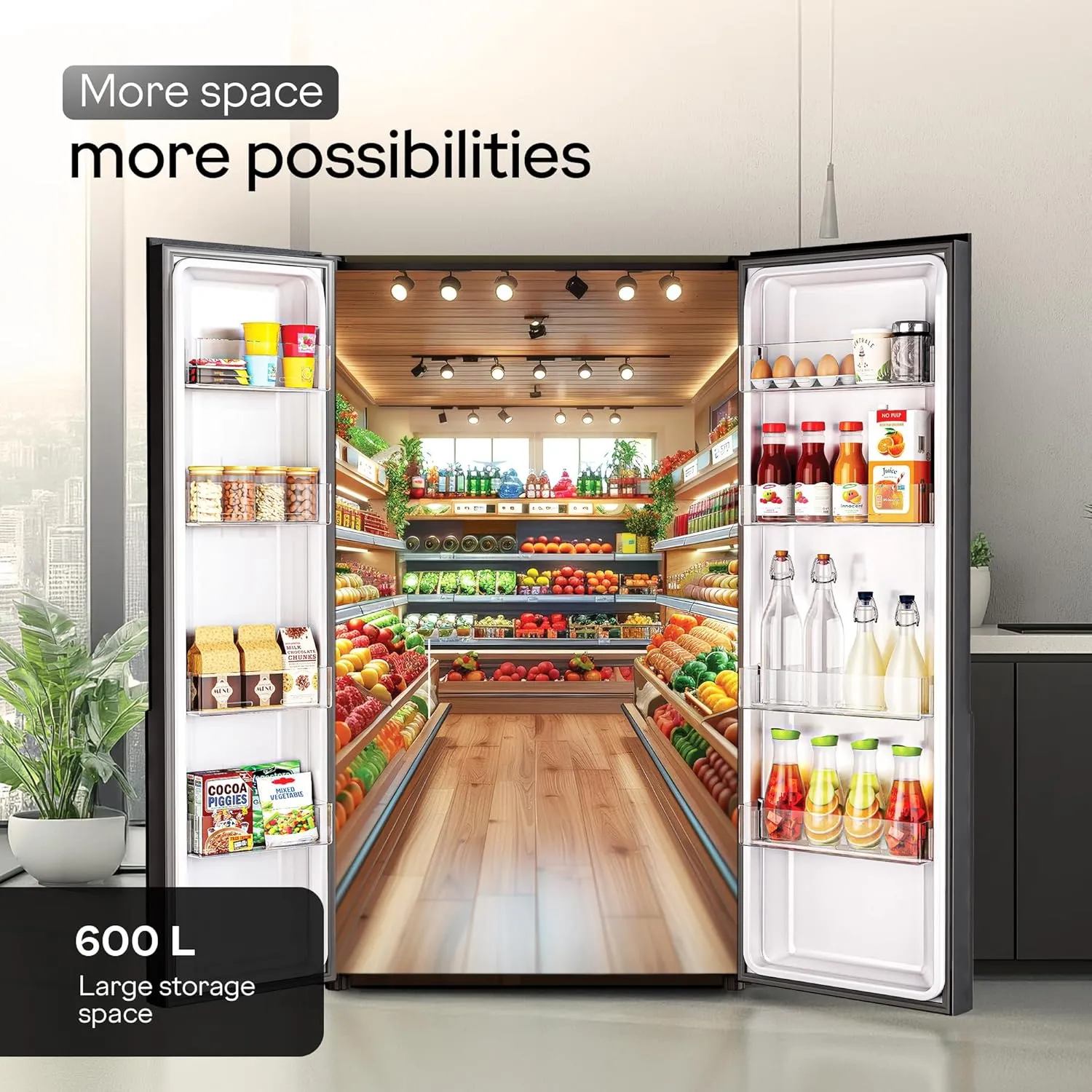 Godrej RS EONVELVET 646C 600L 3 Star Inverter Side-by-Side Refrigerator | Smart Convertible Zones | Toughened Glass Door | AI Freshness | Frost Free | Opera Black (2025 Model)
