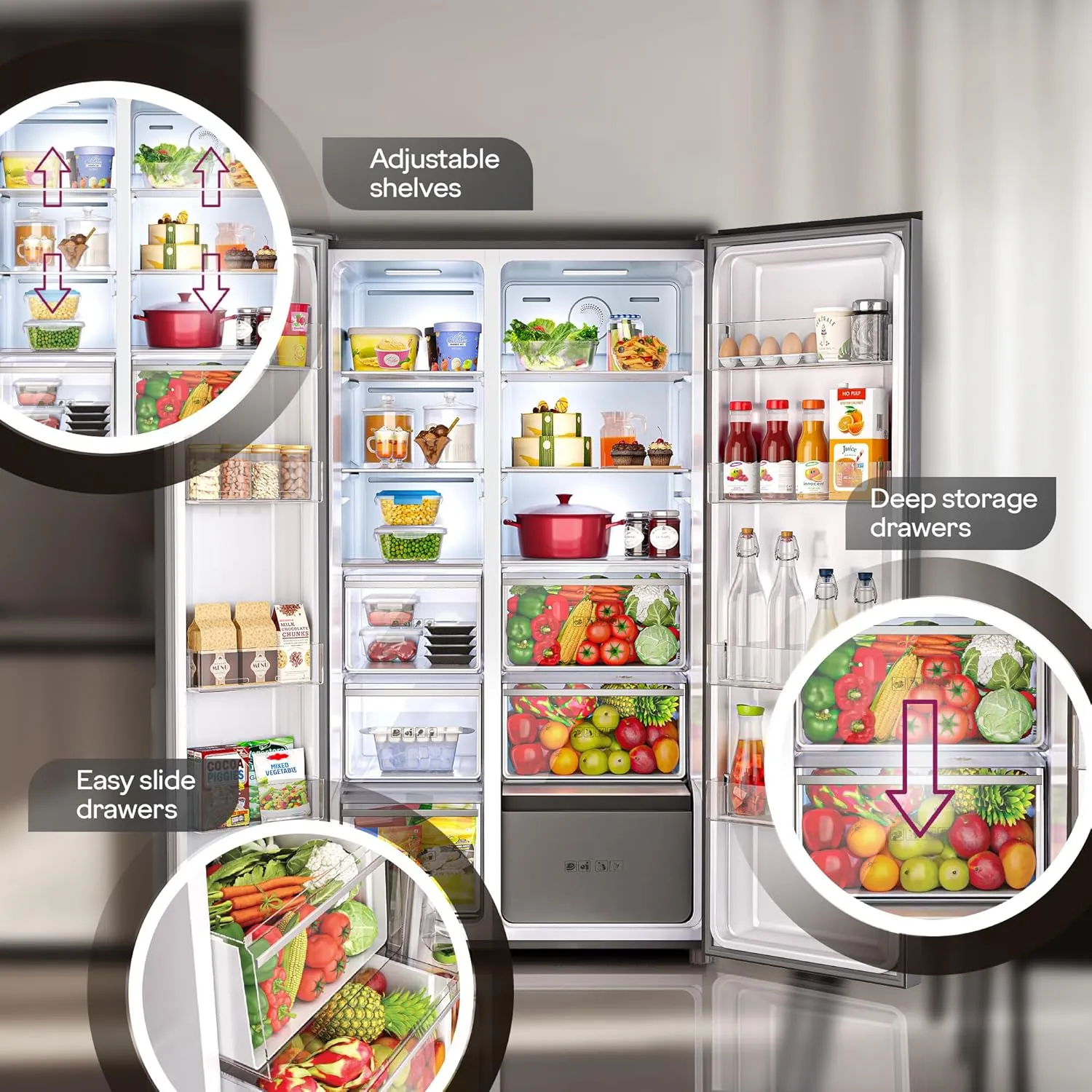 Godrej RS EONVELVET 646C 600L 3 Star Inverter Side-by-Side Refrigerator | Smart Convertible Zones | Toughened Glass Door | AI Freshness | Frost Free | Opera Black (2025 Model)