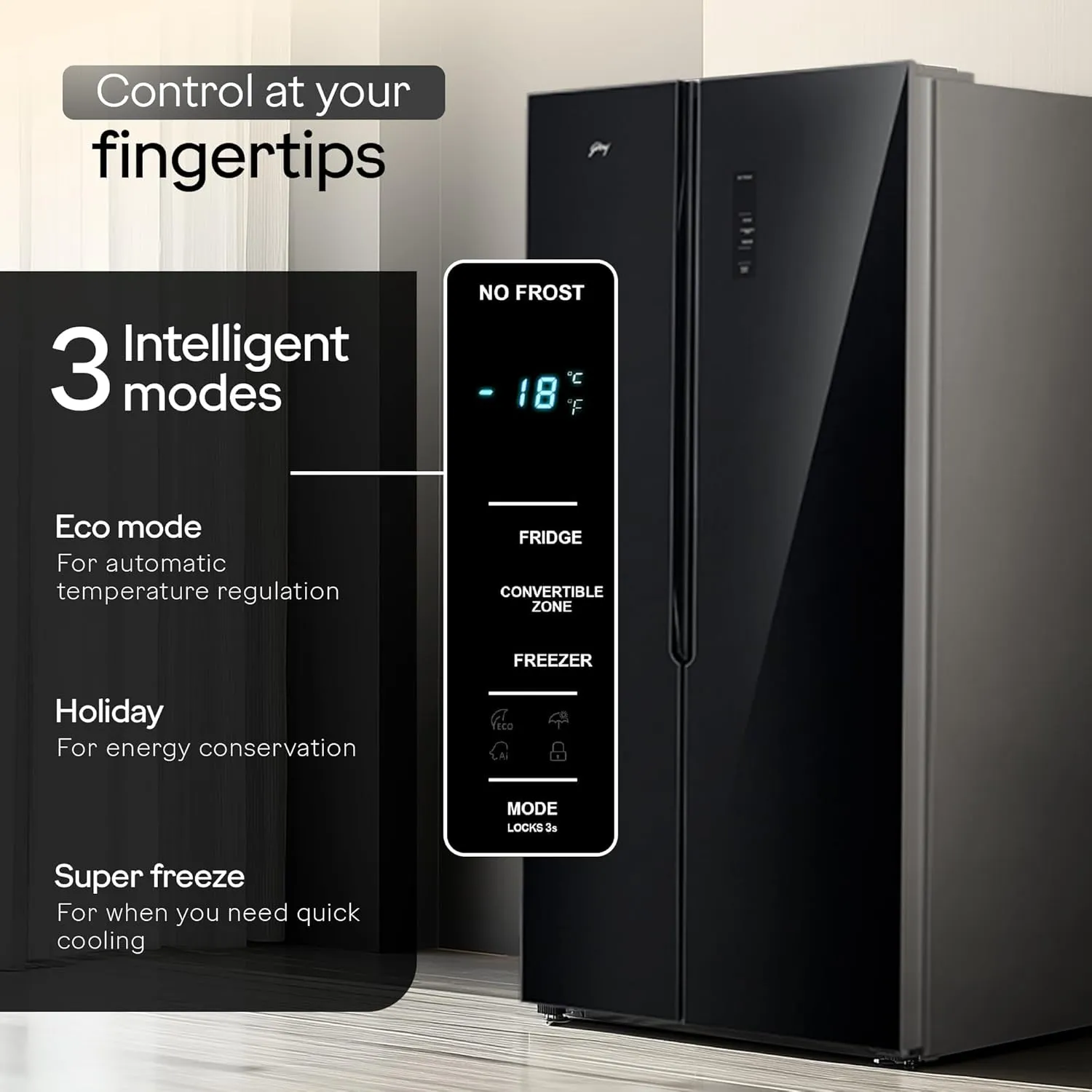 Godrej RS EONVELVET 646C 600L 3 Star Inverter Side-by-Side Refrigerator | Smart Convertible Zones | Toughened Glass Door | AI Freshness | Frost Free | Opera Black (2025 Model)
