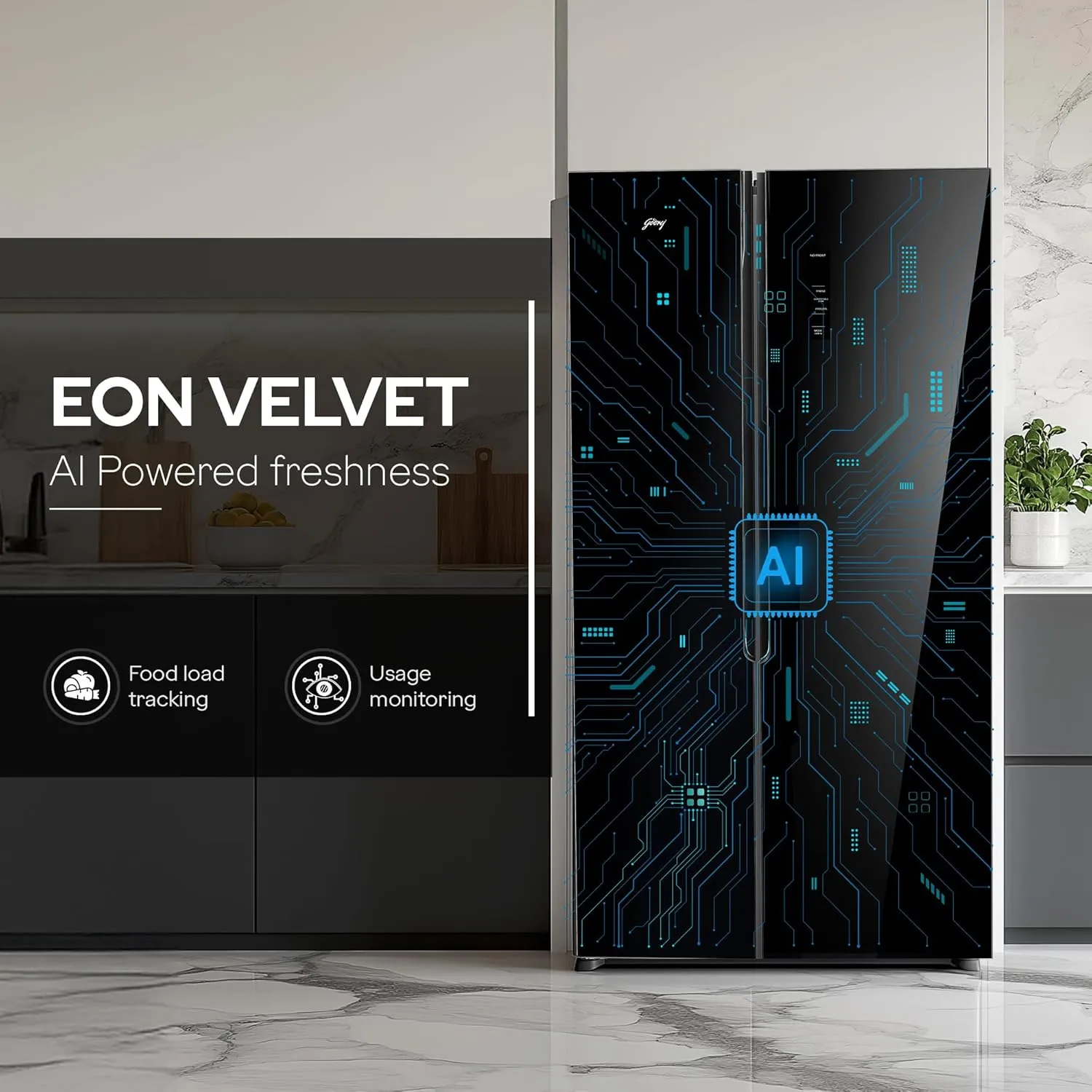 Godrej RS EONVELVET 646C 600L 3 Star Inverter Side-by-Side Refrigerator | Smart Convertible Zones | Toughened Glass Door | AI Freshness | Frost Free | Opera Black (2025 Model)