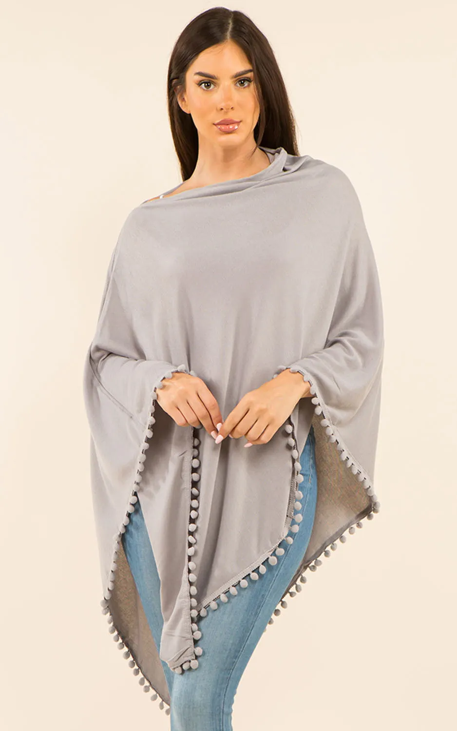 PA9442 Solid Color High Quality Poncho with Pompom