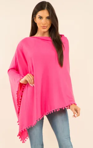 PA9442 Solid Color High Quality Poncho with Pompom