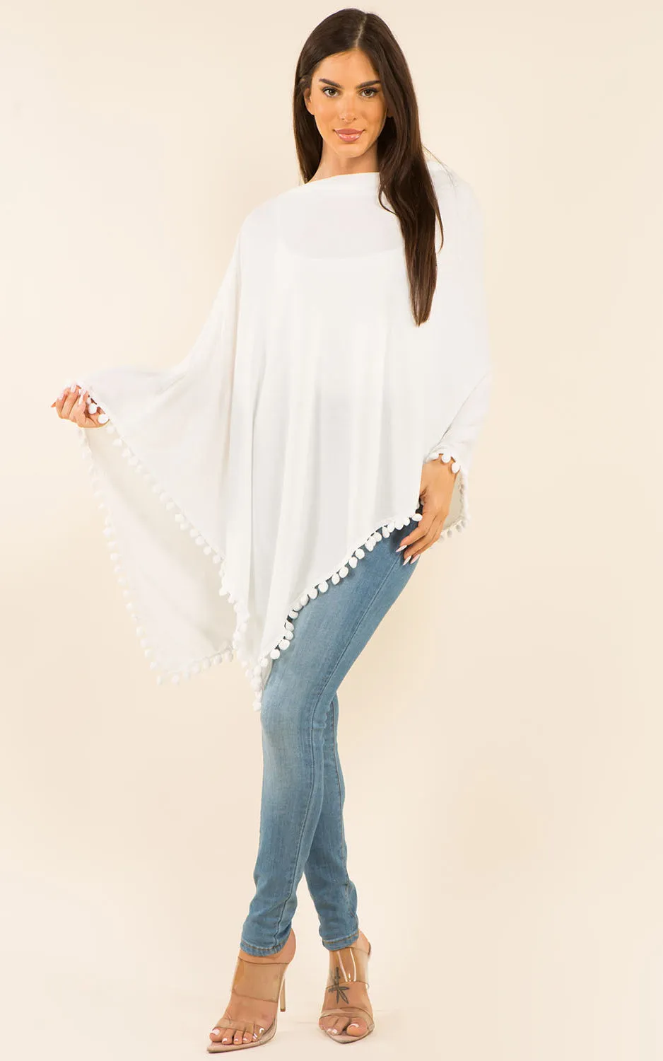 PA9442 Solid Color High Quality Poncho with Pompom
