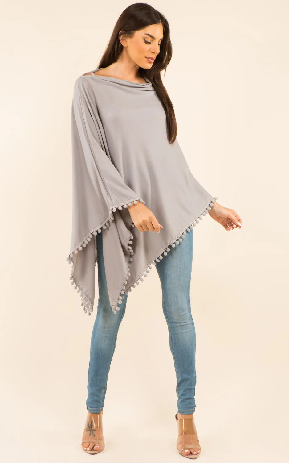 PA9442 Solid Color High Quality Poncho with Pompom