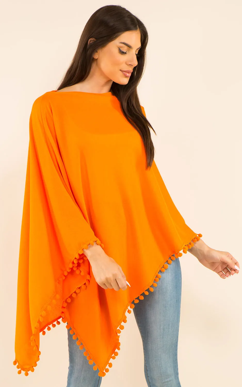 PA9442 Solid Color High Quality Poncho with Pompom