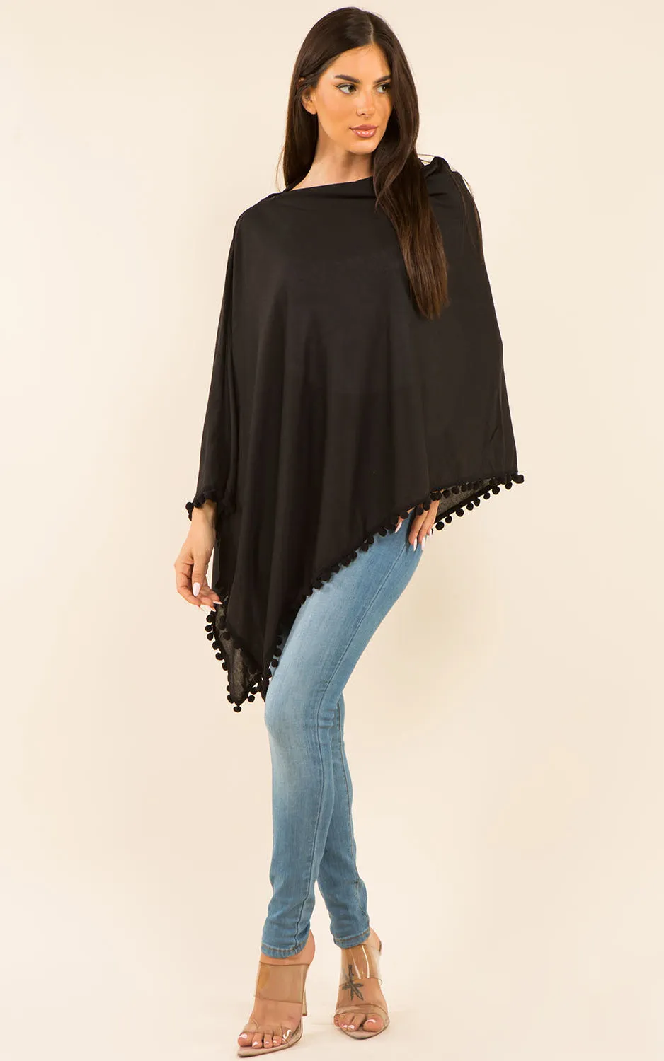 PA9442 Solid Color High Quality Poncho with Pompom