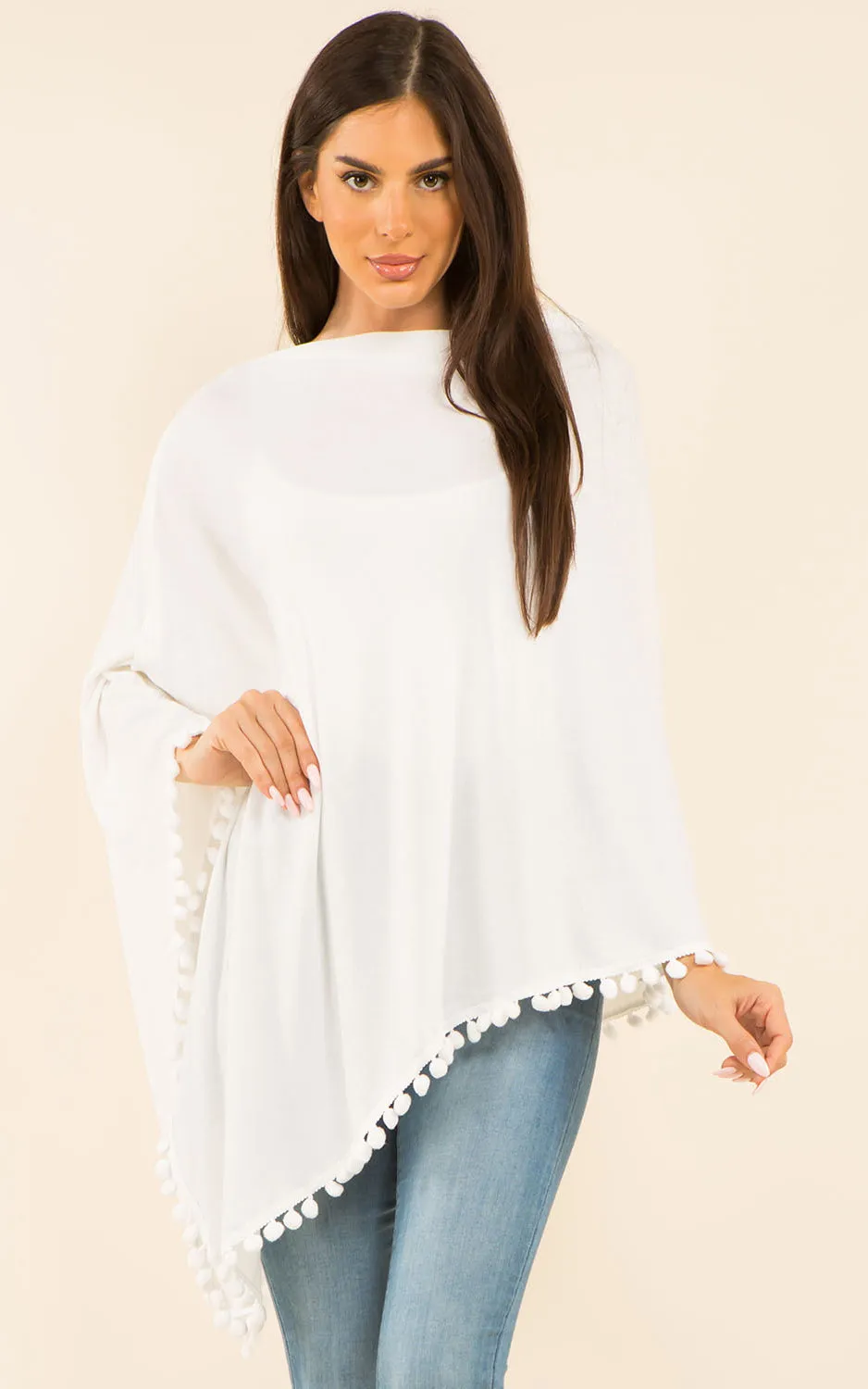 PA9442 Solid Color High Quality Poncho with Pompom