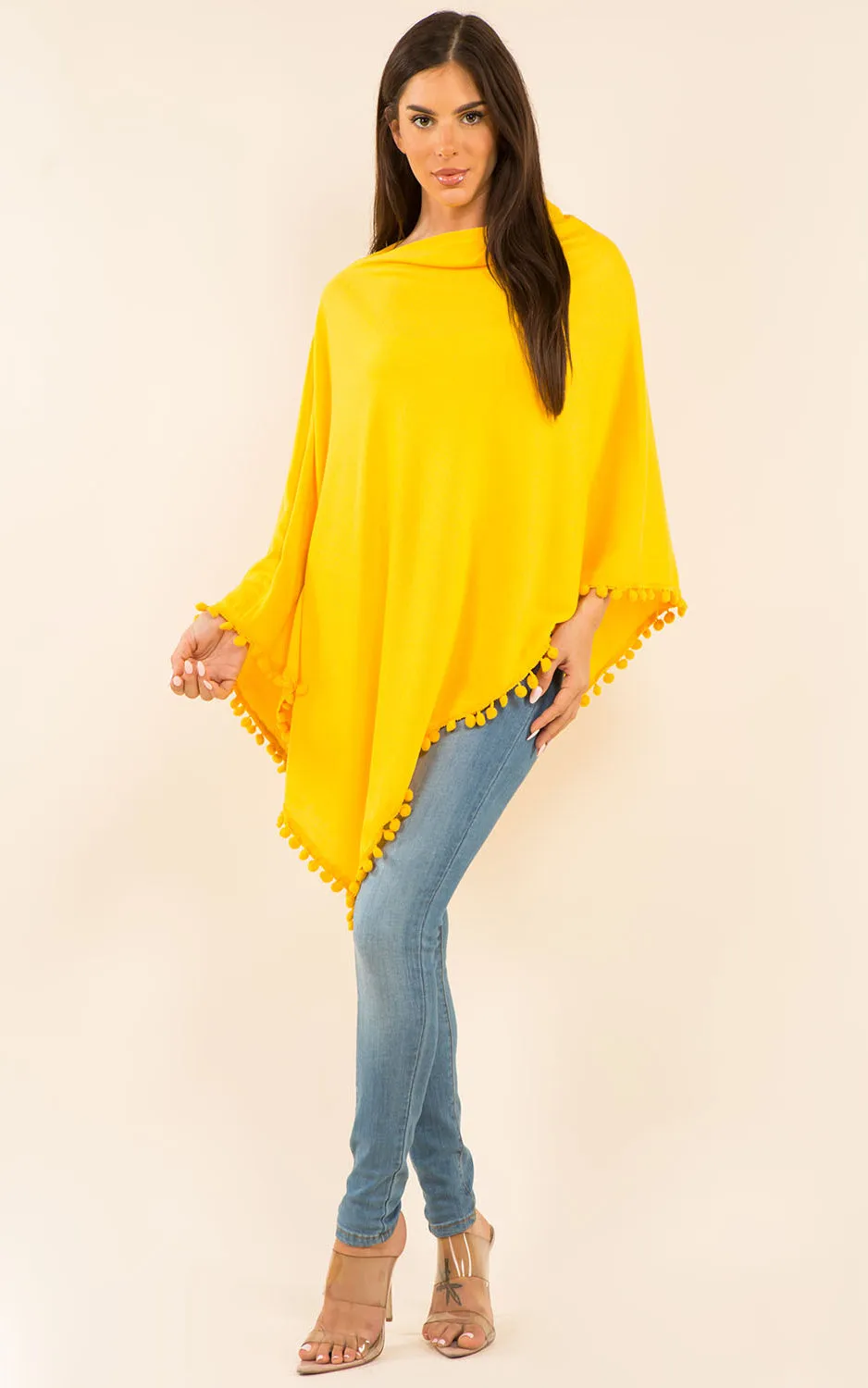 PA9442 Solid Color High Quality Poncho with Pompom