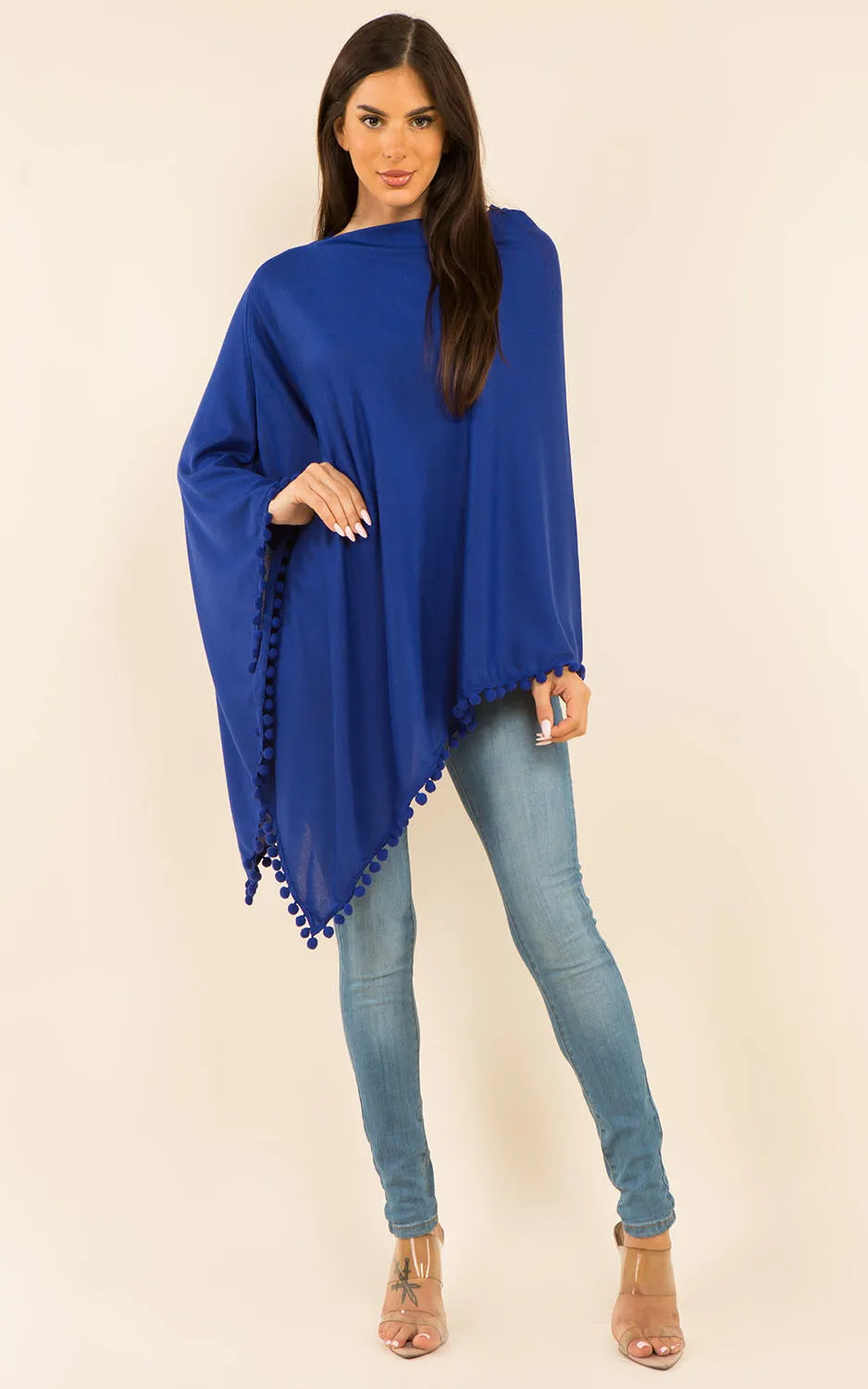 PA9442 Solid Color High Quality Poncho with Pompom