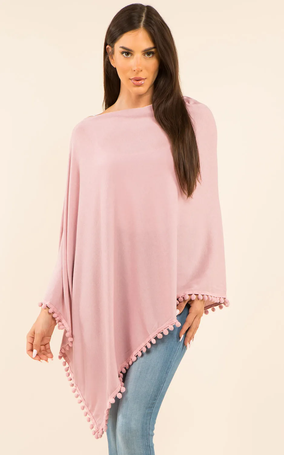 PA9442 Solid Color High Quality Poncho with Pompom