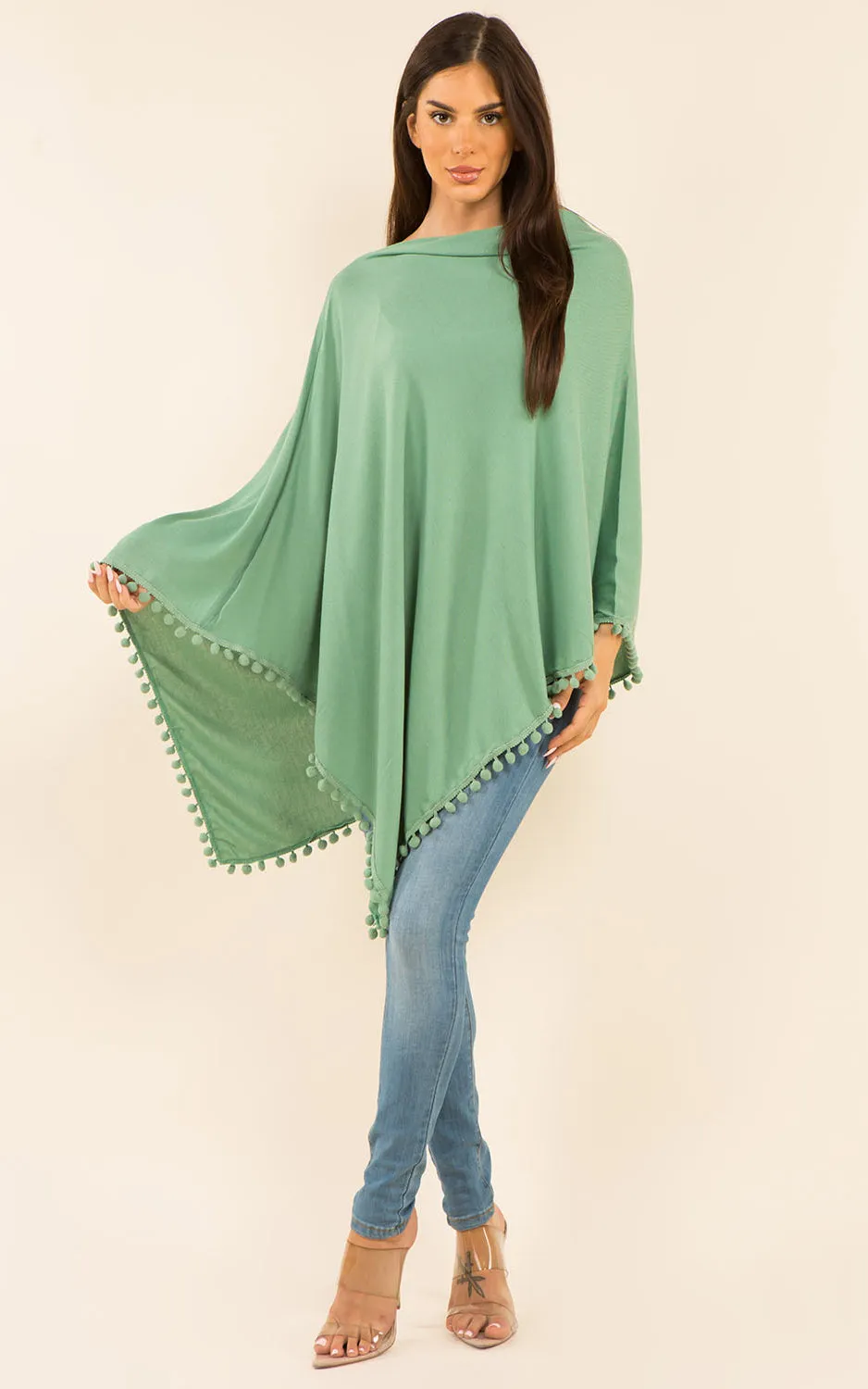 PA9442 Solid Color High Quality Poncho with Pompom
