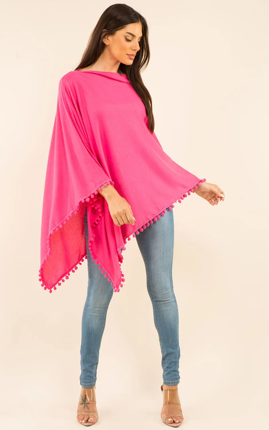 PA9442 Solid Color High Quality Poncho with Pompom
