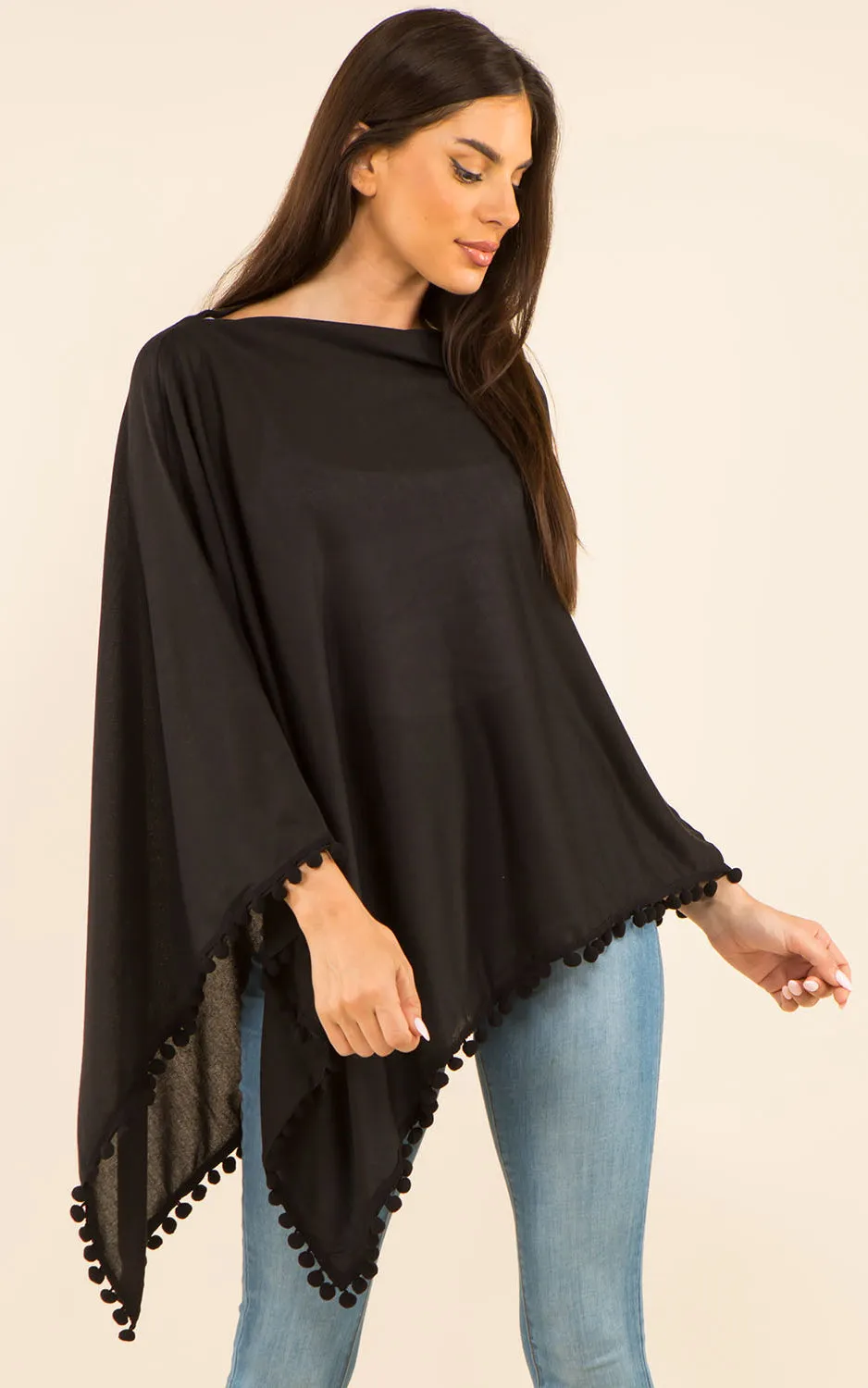 PA9442 Solid Color High Quality Poncho with Pompom