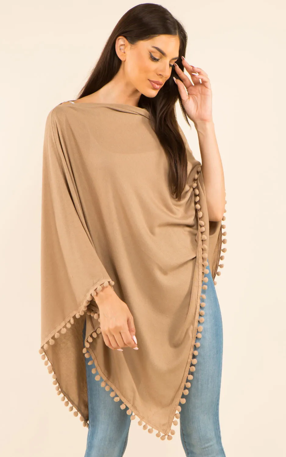 PA9442 Solid Color High Quality Poncho with Pompom