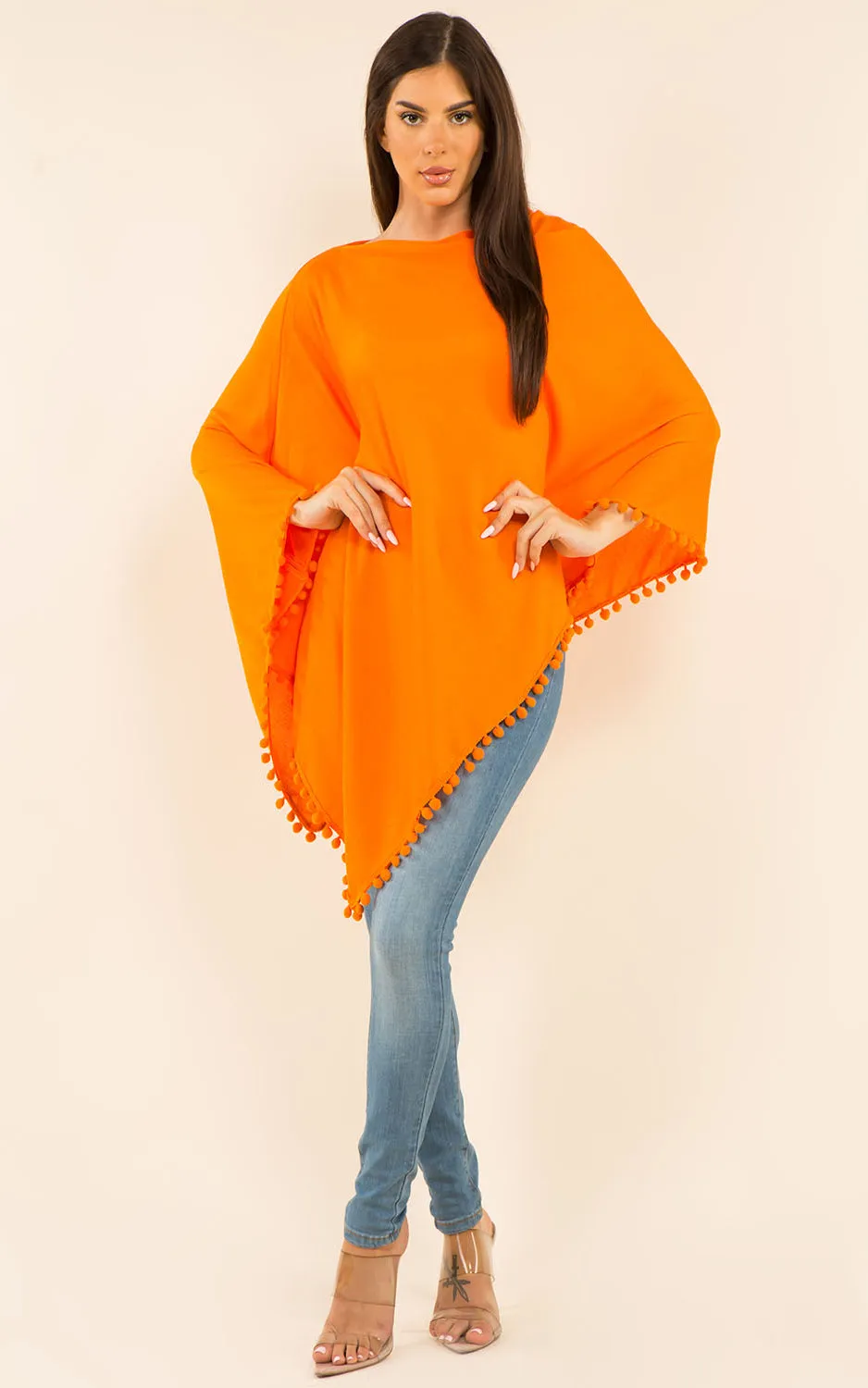 PA9442 Solid Color High Quality Poncho with Pompom