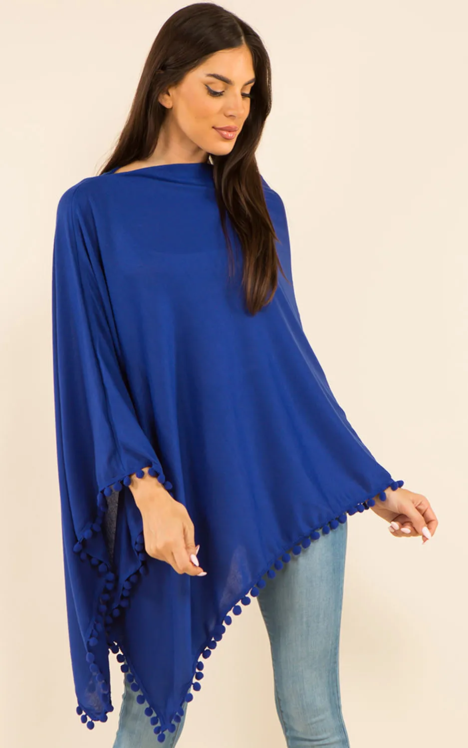 PA9442 Solid Color High Quality Poncho with Pompom