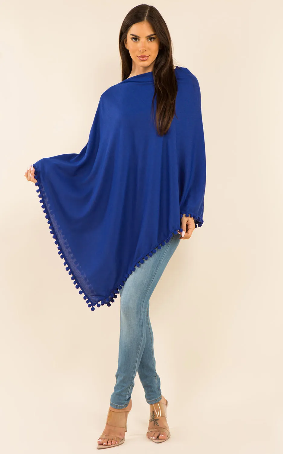 PA9442 Solid Color High Quality Poncho with Pompom