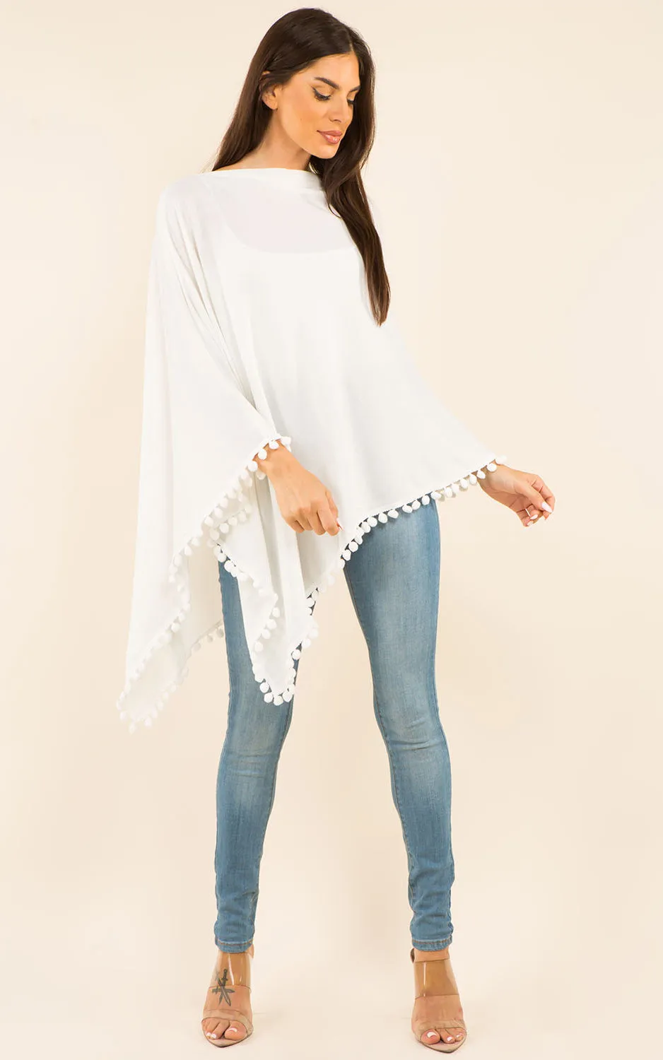 PA9442 Solid Color High Quality Poncho with Pompom