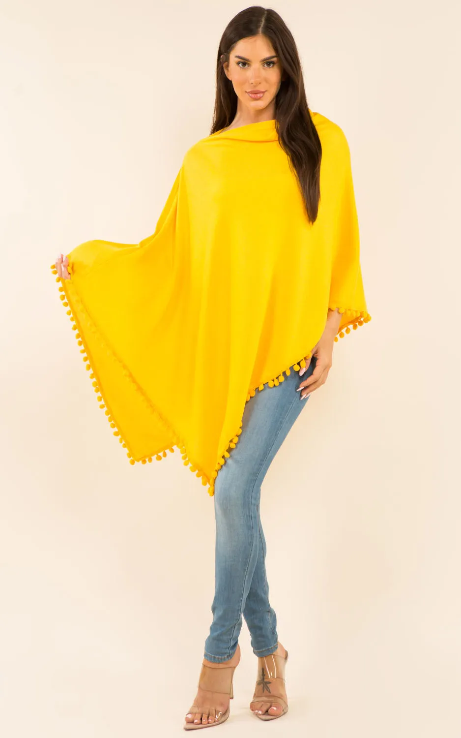 PA9442 Solid Color High Quality Poncho with Pompom