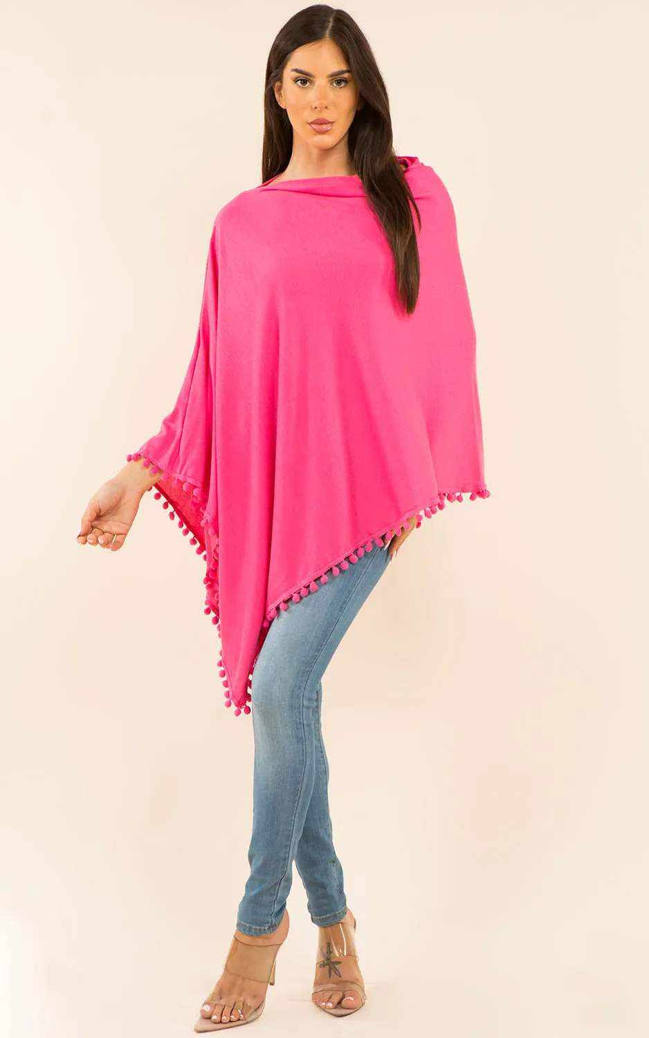 PA9442 Solid Color High Quality Poncho with Pompom