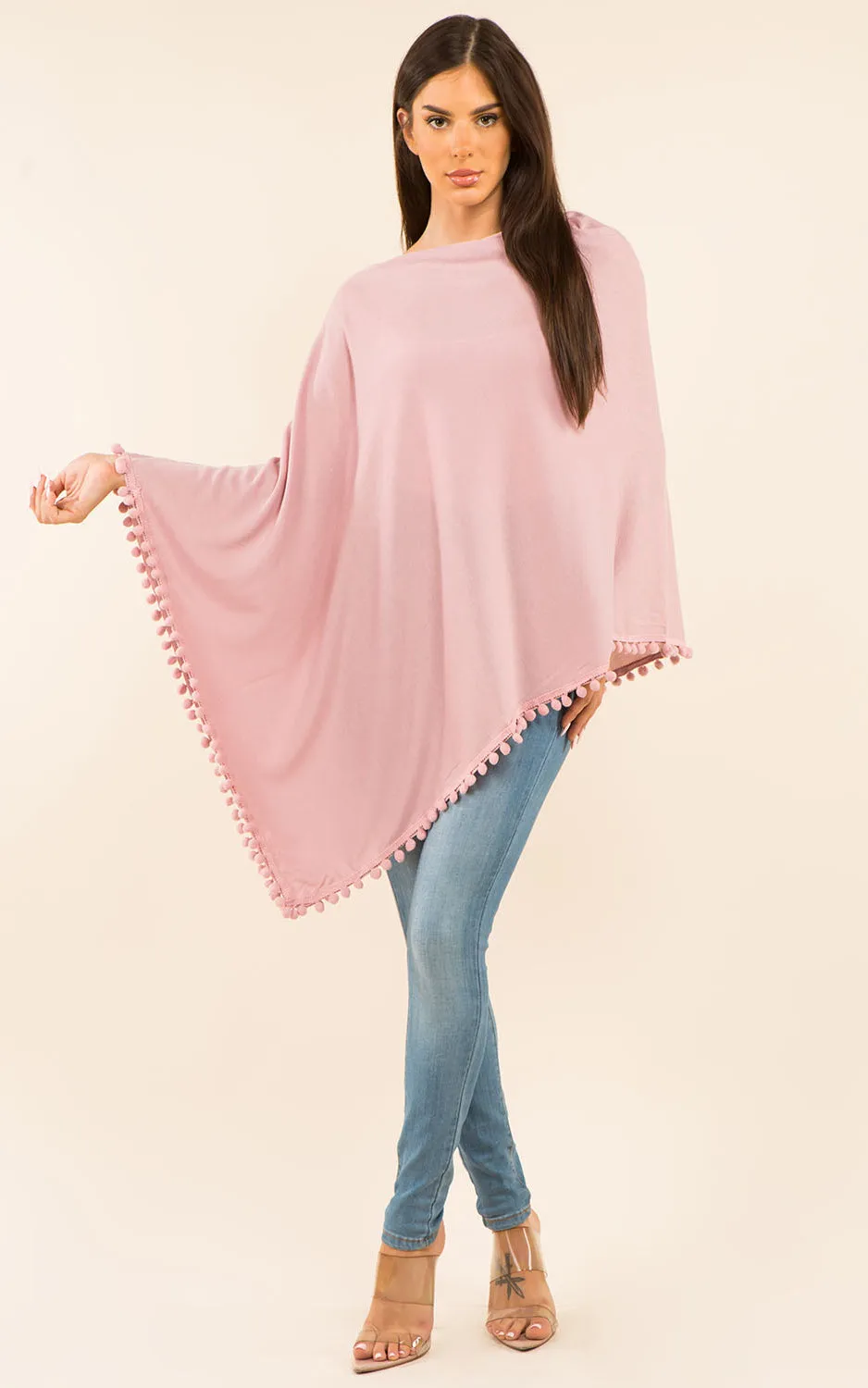 PA9442 Solid Color High Quality Poncho with Pompom