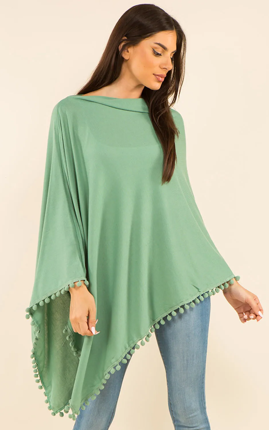 PA9442 Solid Color High Quality Poncho with Pompom