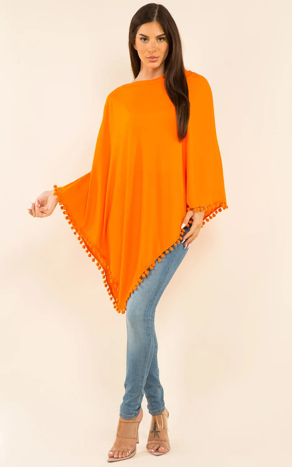 PA9442 Solid Color High Quality Poncho with Pompom