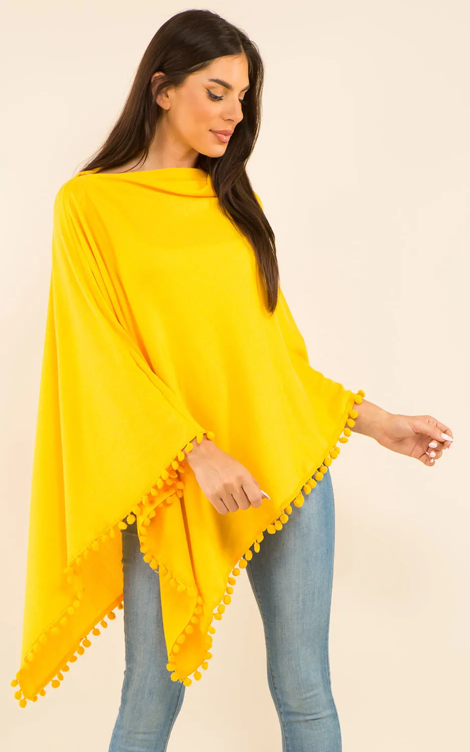 PA9442 Solid Color High Quality Poncho with Pompom