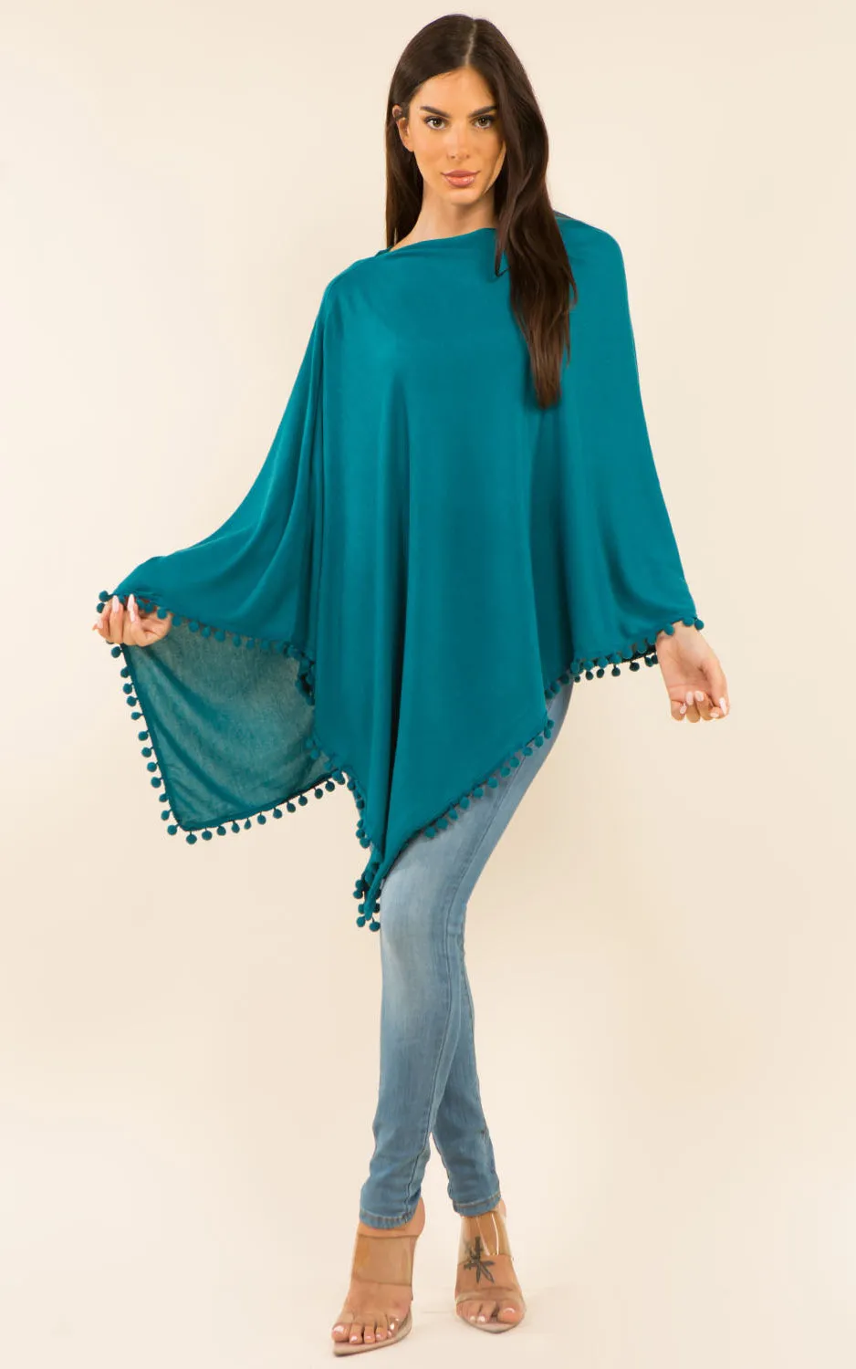 PA9442 Solid Color High Quality Poncho with Pompom