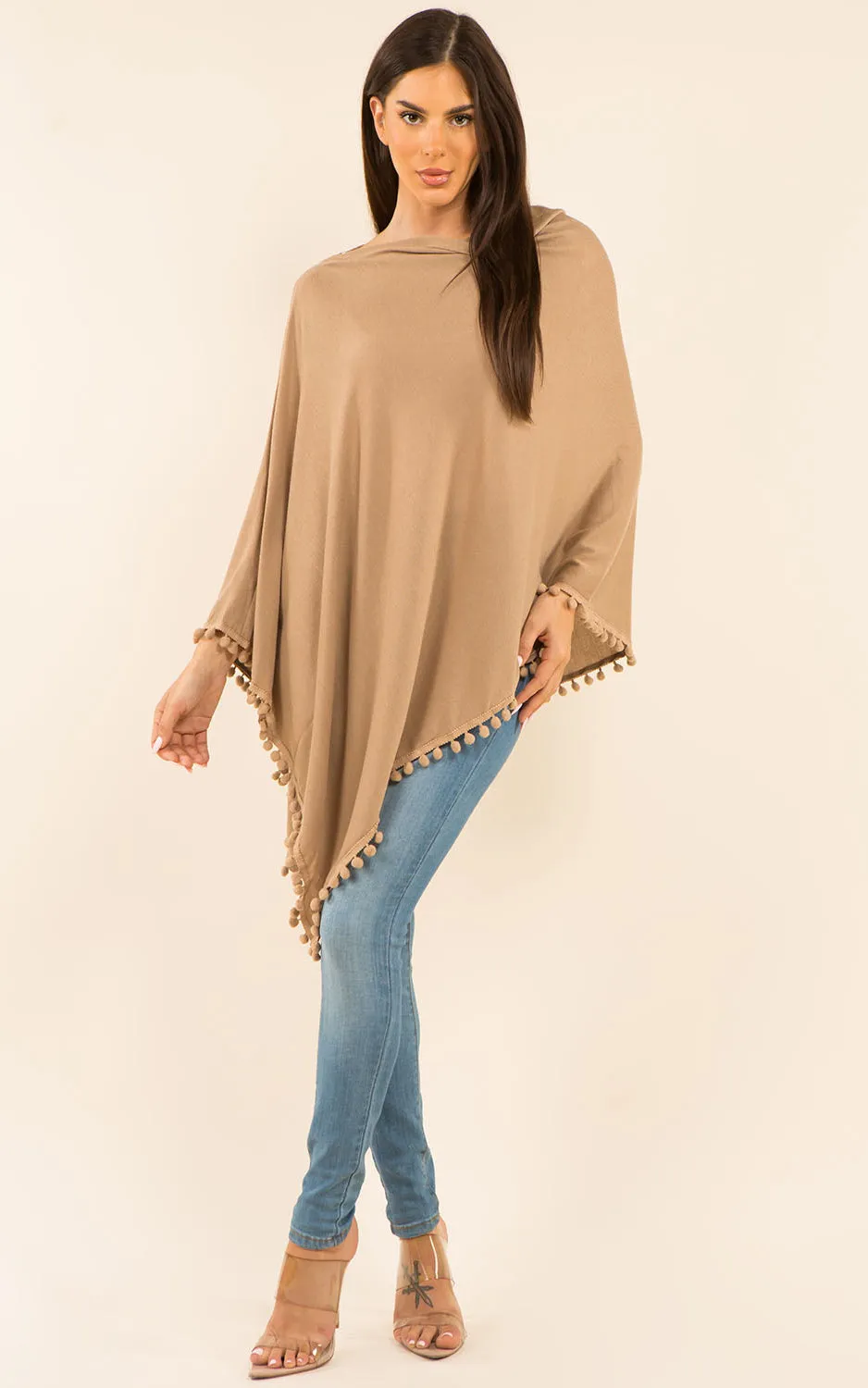 PA9442 Solid Color High Quality Poncho with Pompom