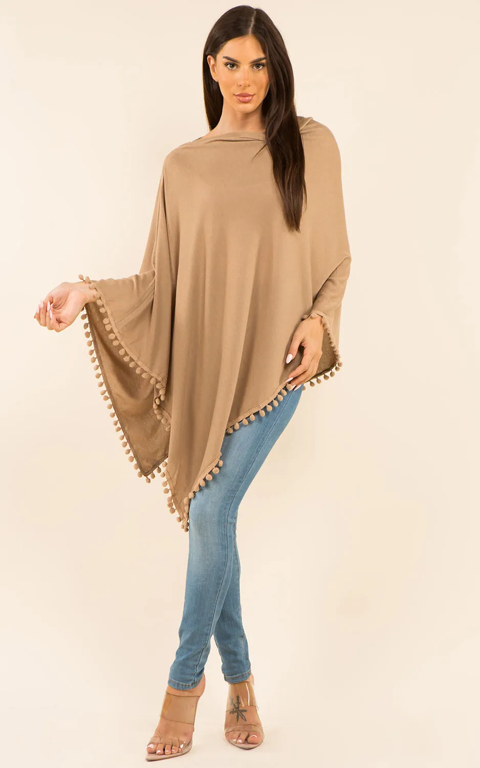PA9442 Solid Color High Quality Poncho with Pompom