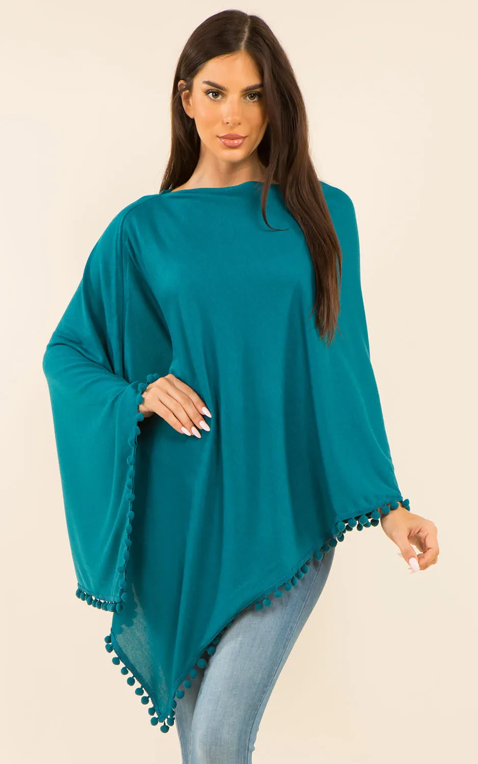 PA9442 Solid Color High Quality Poncho with Pompom