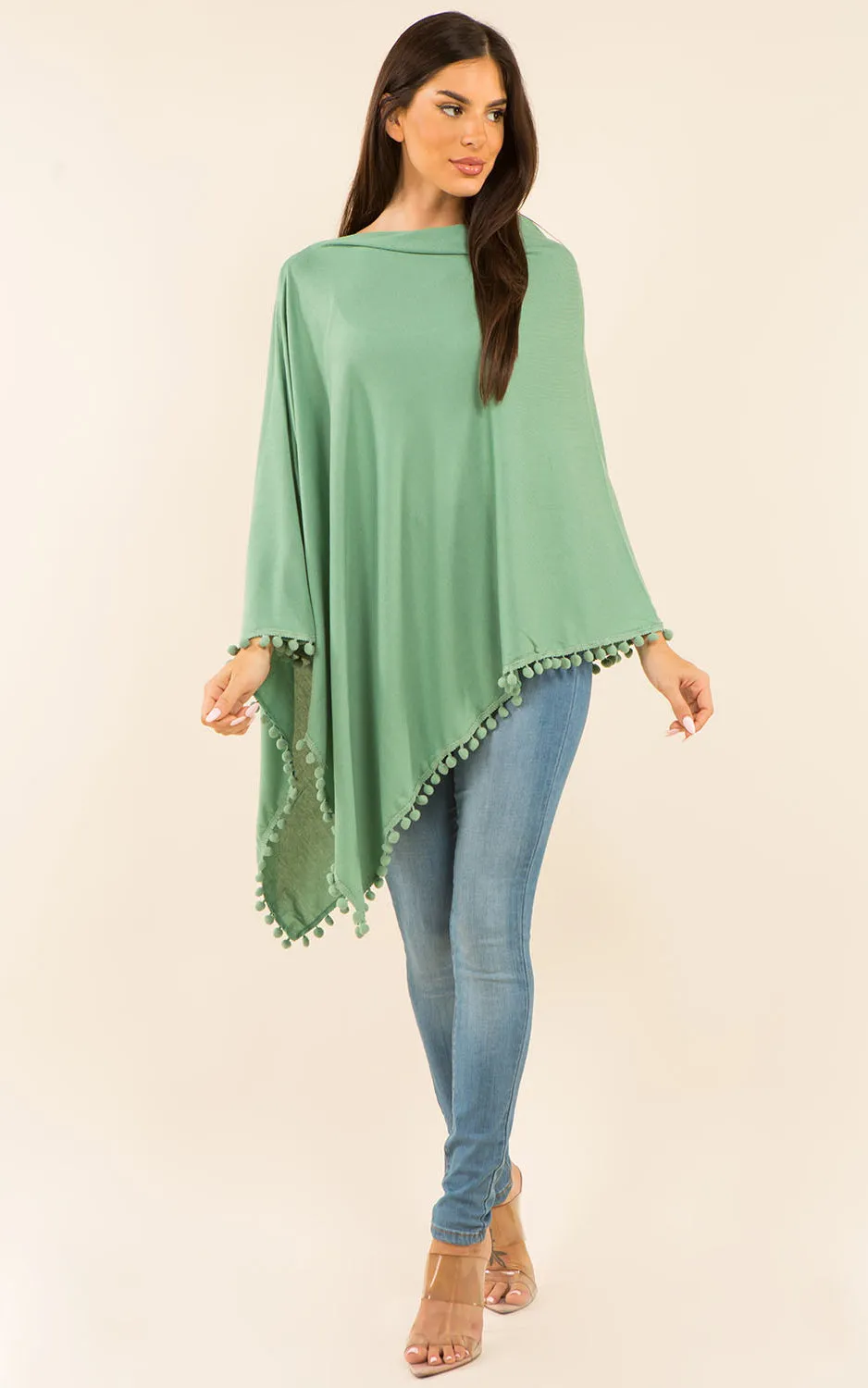 PA9442 Solid Color High Quality Poncho with Pompom