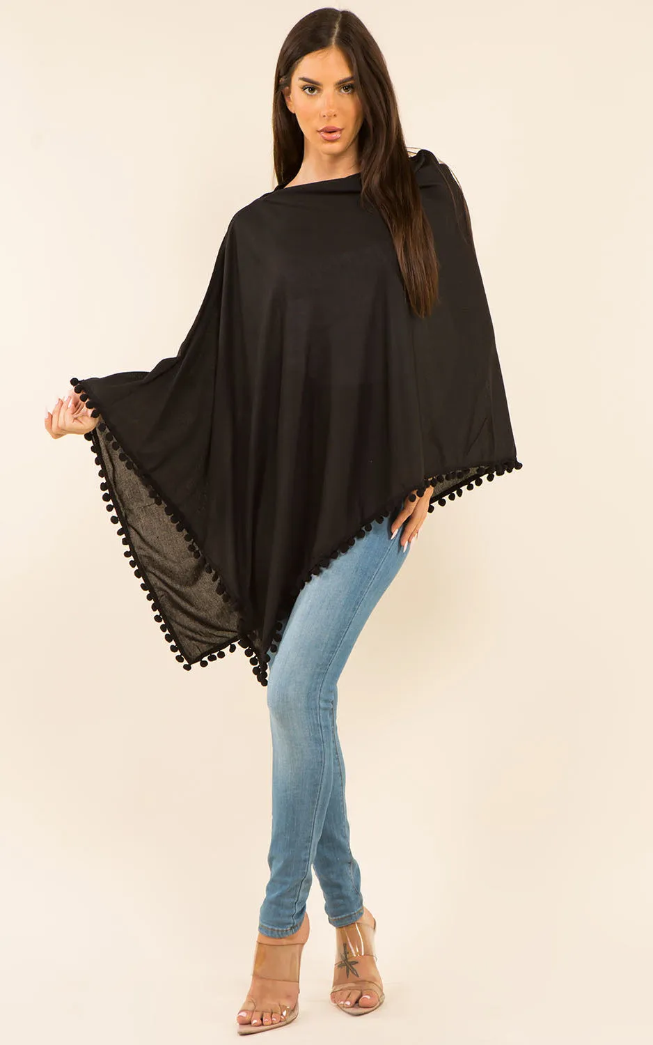 PA9442 Solid Color High Quality Poncho with Pompom