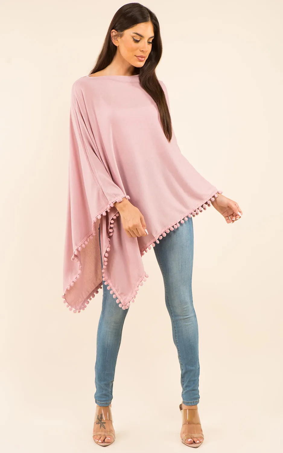 PA9442 Solid Color High Quality Poncho with Pompom