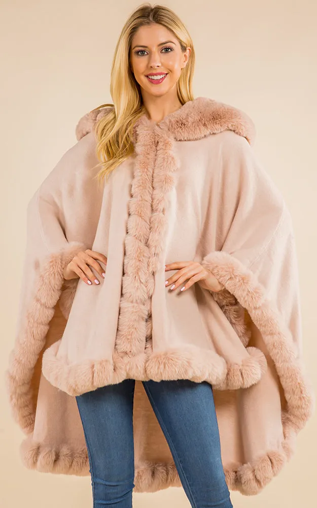 SH4214 Faux Fur Double Trim Cape/Ruana w/Hood