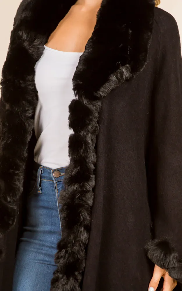 SH4214 Faux Fur Double Trim Cape/Ruana w/Hood