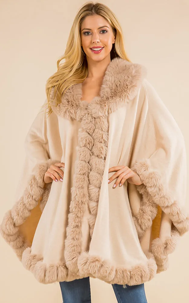 SH4214 Faux Fur Double Trim Cape/Ruana w/Hood