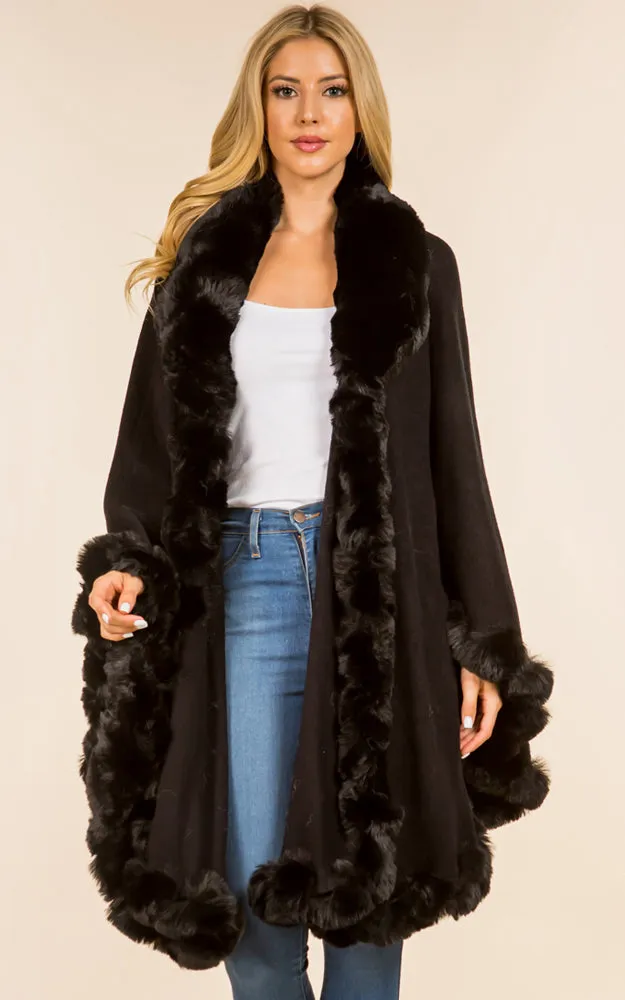SH4214 Faux Fur Double Trim Cape/Ruana w/Hood