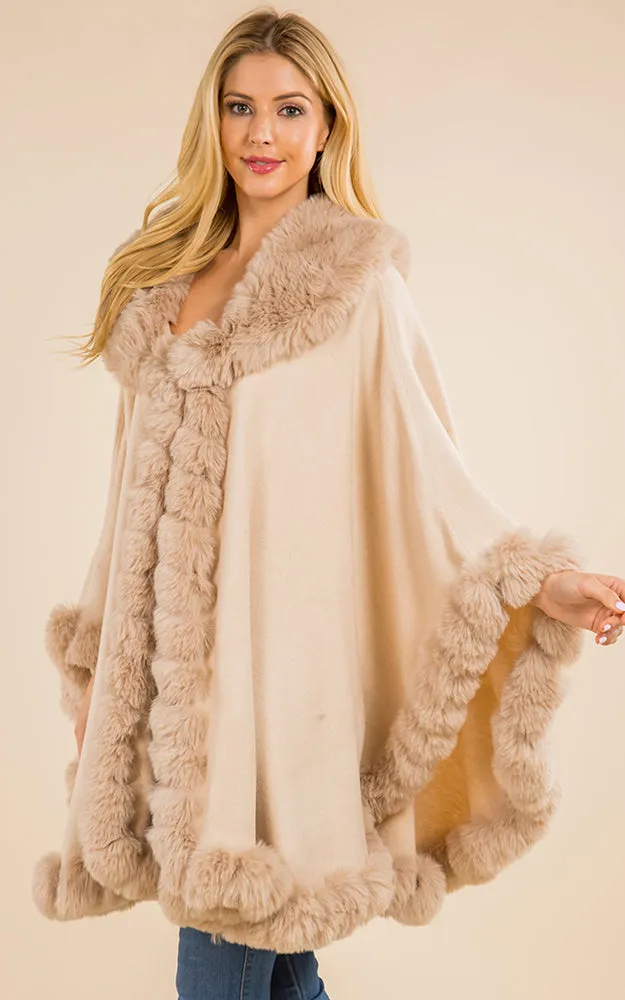 SH4214 Faux Fur Double Trim Cape/Ruana w/Hood