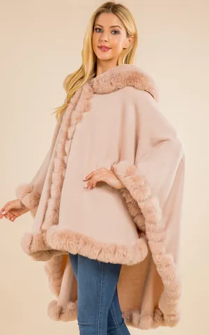 SH4214 Faux Fur Double Trim Cape/Ruana w/Hood
