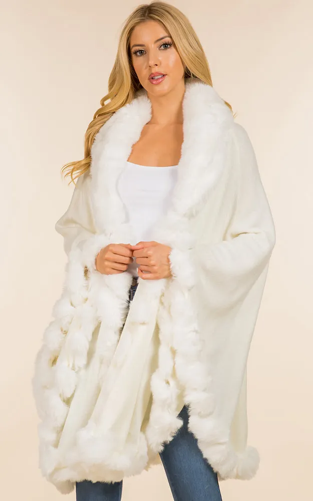 SH4214 Faux Fur Double Trim Cape/Ruana w/Hood