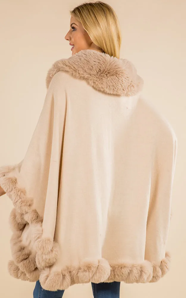 SH4214 Faux Fur Double Trim Cape/Ruana w/Hood