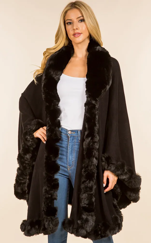 SH4214 Faux Fur Double Trim Cape/Ruana w/Hood