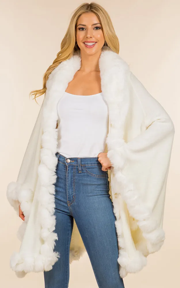 SH4214 Faux Fur Double Trim Cape/Ruana w/Hood