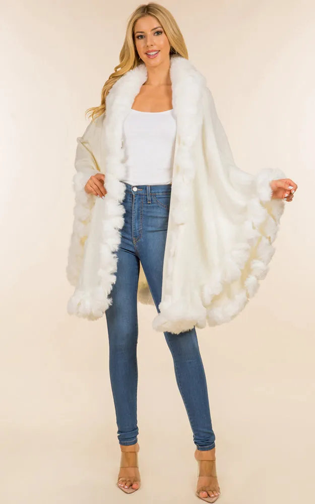 SH4214 Faux Fur Double Trim Cape/Ruana w/Hood